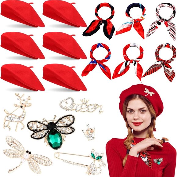 18 Pcs Beret Hats for Women with Silk Scarf Brooch, Wool French Beret Bulk Artis